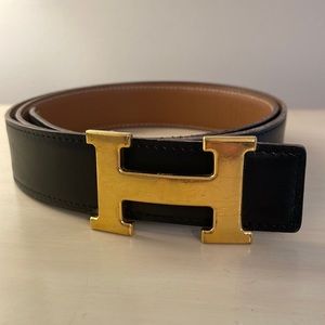 Hermes Belt, Black/Tan with Gold Buckle. Reversible. Size 90